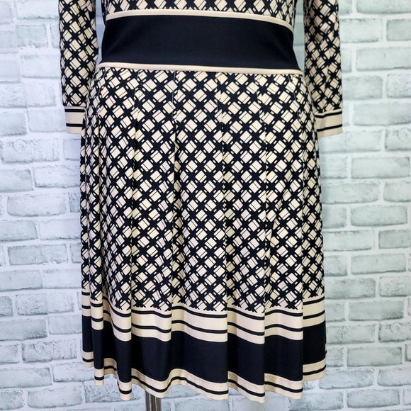 Eliza J Womens 12 Cream Black Geometric Pleated Skirt 3/4 Sleeve Fit Flare Dress - Picture 3 of 11
